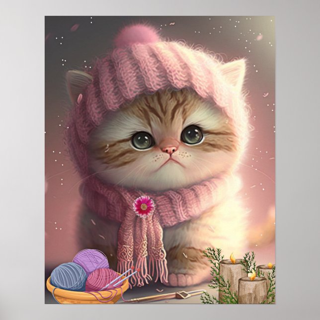 Cute Cat in Pink Knit Hat and Scarf Yarn Art  Poster (Front)