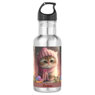 Cute Cat in Pink Knit Hat Yarn Personalized Name Stainless Steel Water Bottle