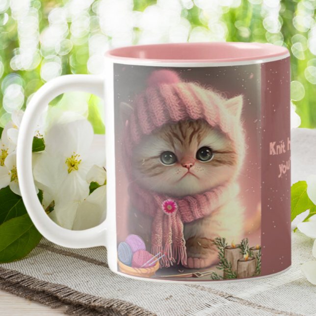 Cute Cat in Pink Knit Hat Yarn Personalized  Two-Tone Coffee Mug (Creator Uploaded)