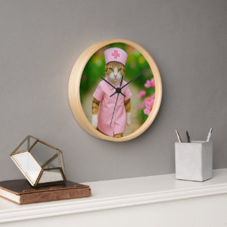 Cute Cat in Pink Nurse Uniform Round Clock