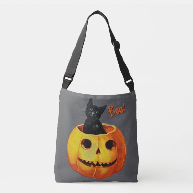 Cute Cat in Pumpkin Halloween Crossbody Bag (Front)