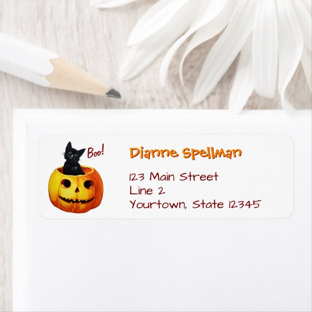 Cute Cat in Pumpkin Halloween Return Address Label (Insitu)