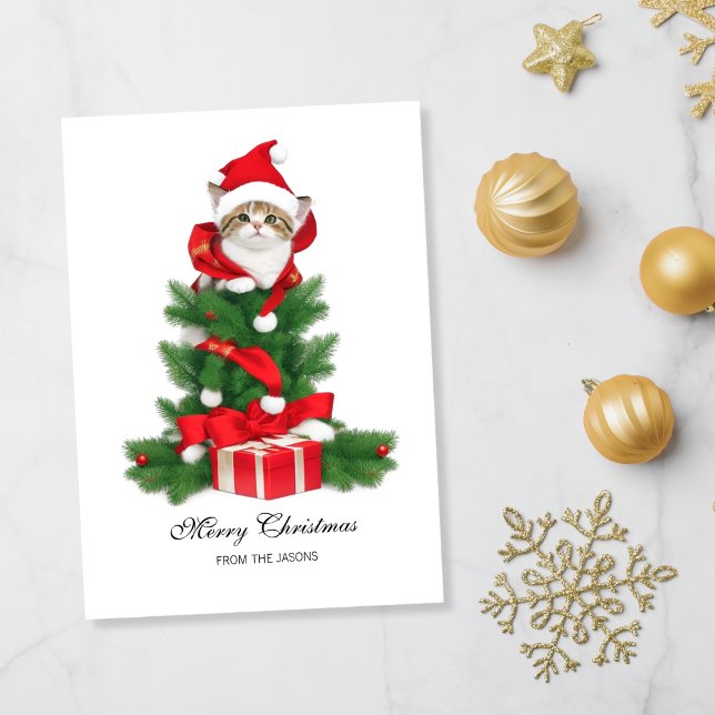 Cute Cat in Red Santa Hat Christmas Personalized Holiday Card (Cute Cat in red santa hat Christmas Holiday Card)