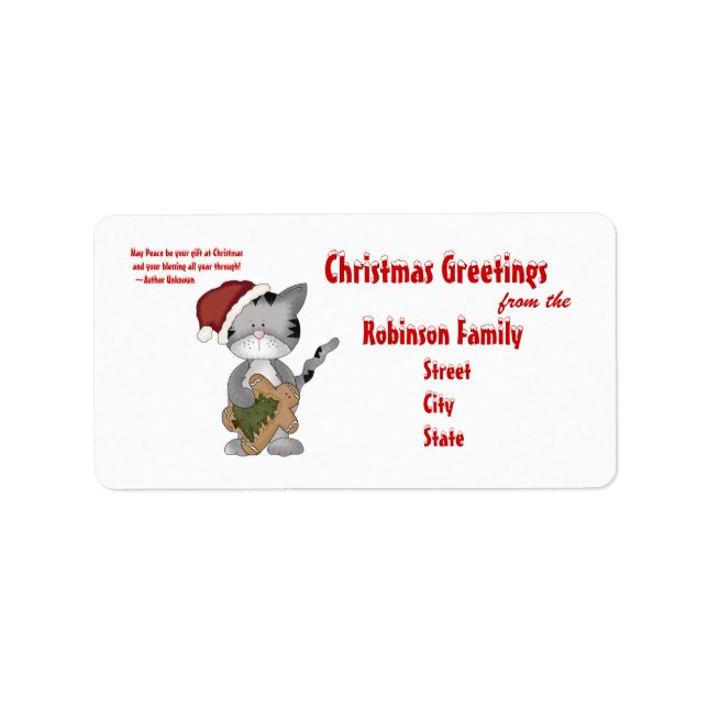 Cute Cat in Santa Hat, Christmas Greetings +Quote Label (Front)