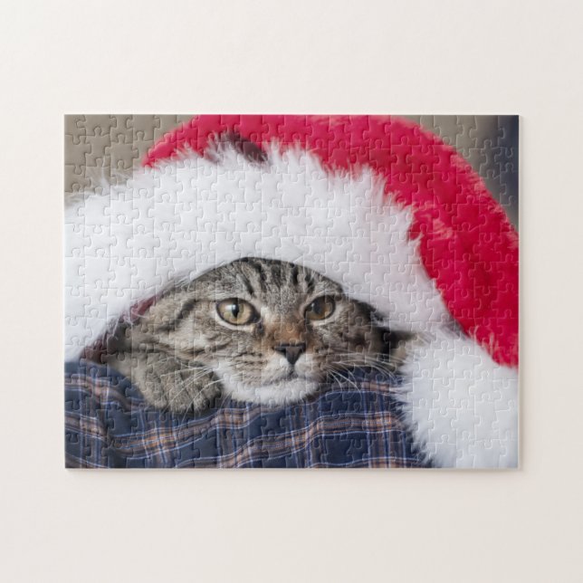 Cute cat in santa hat jigsaw puzzle (Horizontal)