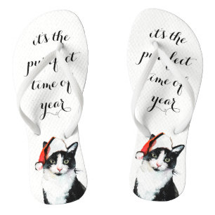 Cute Cat in Santa Hat Purrfect Christmas Flip Flops