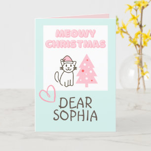 Cute Cat in Santa Hat&Tree Meowy Christmas Pastel Card