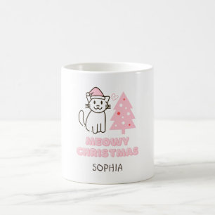 Cute Cat in Santa Hat&Tree Meowy Christmas Pastel Coffee Mug