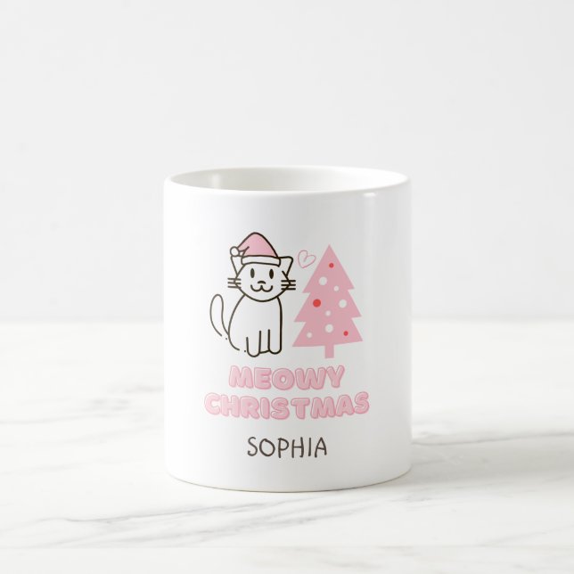 Cute Cat in Santa Hat&Tree Meowy Christmas Pastel  Coffee Mug (Center)