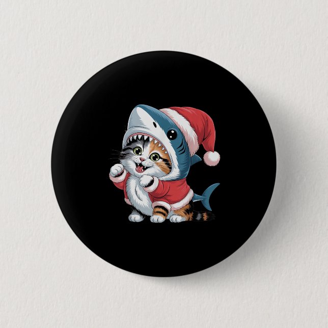 Cute Cat In Shark Costume With Santa Hat Christmas Button (Front)