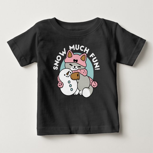 Cute Cat in Snow Gear with Snowman Art Baby T-Shirt (Front)