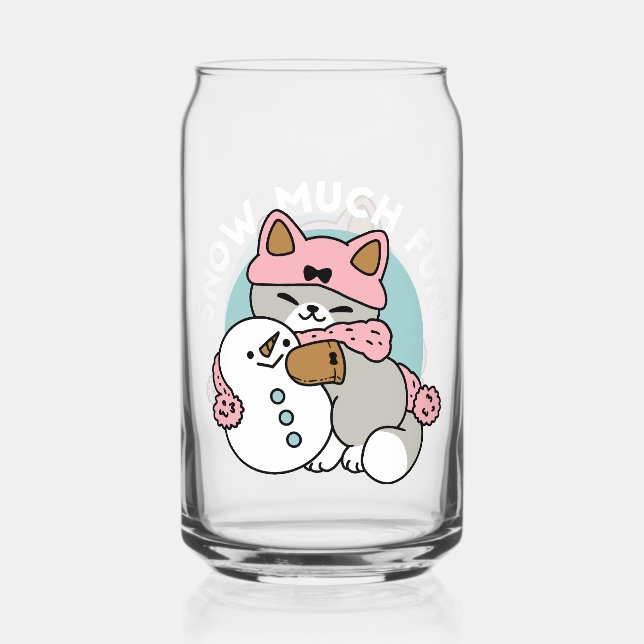 Cute Cat in Snow Gear with Snowman Art Can Glass (Front)