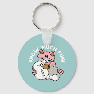 Cute Cat in Snow Gear with Snowman Art Keychain