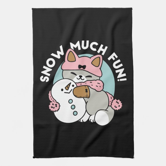 Cute Cat in Snow Gear with Snowman Art Kitchen Towel (Vertical)
