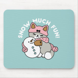 Cute Cat in Snow Gear with Snowman Art Mouse Pad