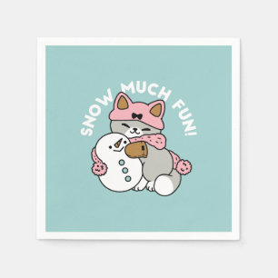 Cute Cat in Snow Gear with Snowman Art Napkins