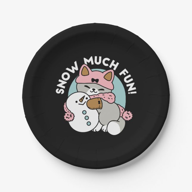 Cute Cat in Snow Gear with Snowman Art Paper Plates (Front)