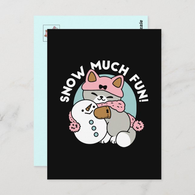 Cute Cat in Snow Gear with Snowman Art Postcard (Front/Back)