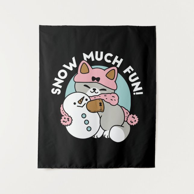 Cute Cat in Snow Gear with Snowman Art Tapestry (Front)