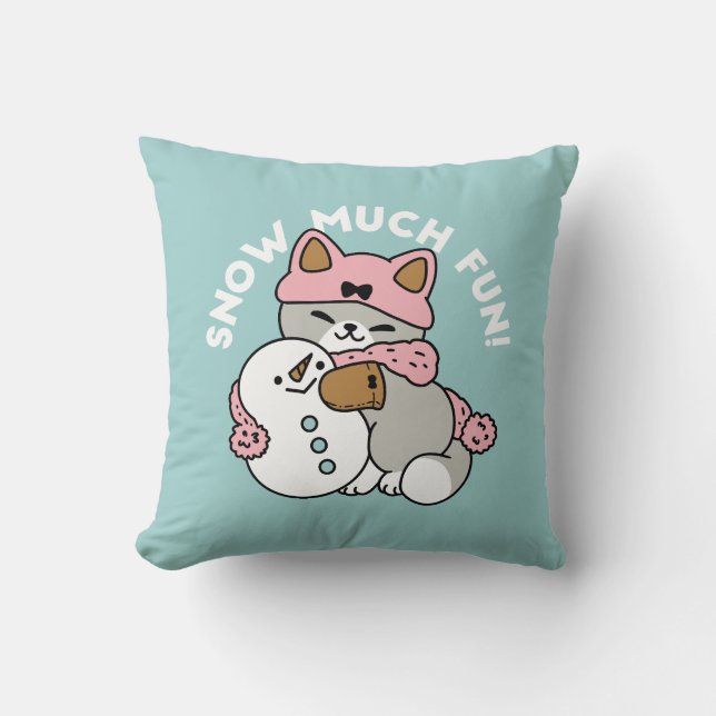 Cute Cat in Snow Gear with Snowman Art Throw Pillow (Front)