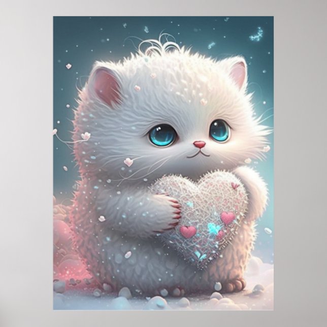 Cute Cat in Snow holding Heart Personalized Art Po Poster (Front)