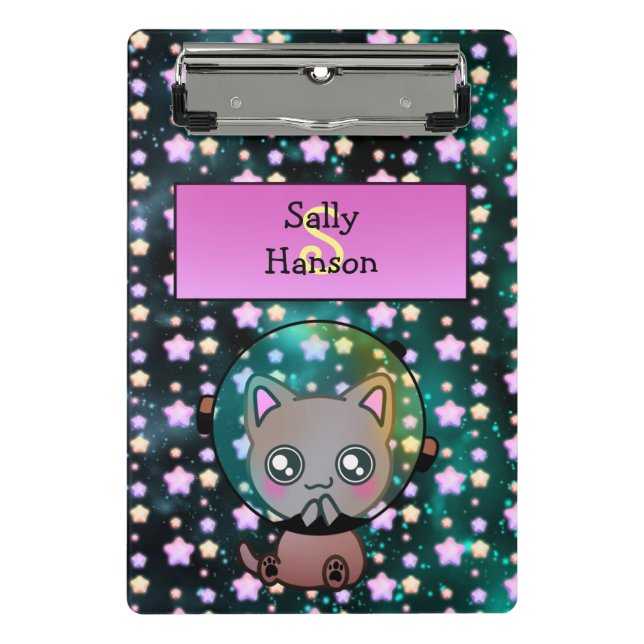 Cute Cat in Space Floating with Stars Mini Clipboard (Front)