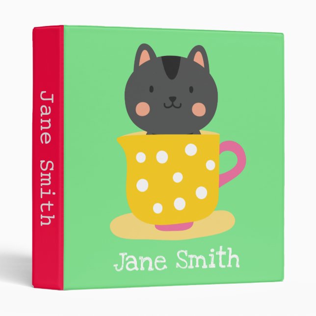 Cute cat in teacup cartoon on mint 3 ring binder (Front/Spine)