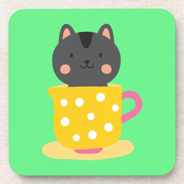 Cute cat in teacup cartoon on mint beverage coaster (Front)