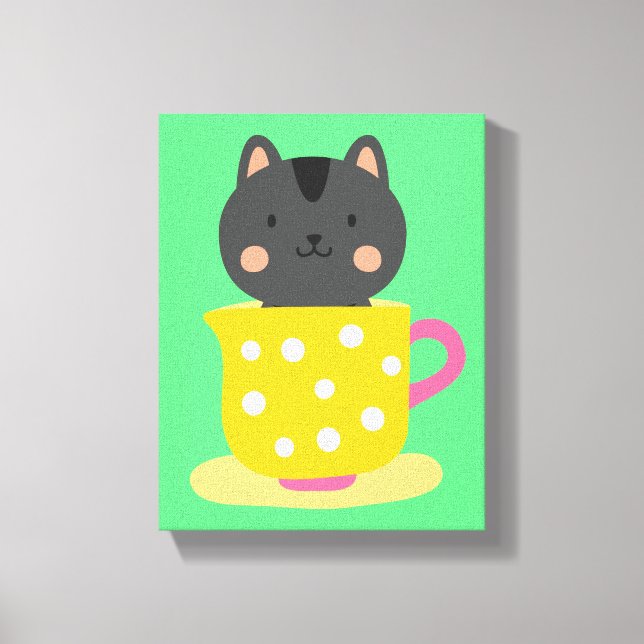Cute cat in teacup cartoon on mint canvas print (Front)