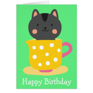 Cute cat in teacup cartoon on mint cards