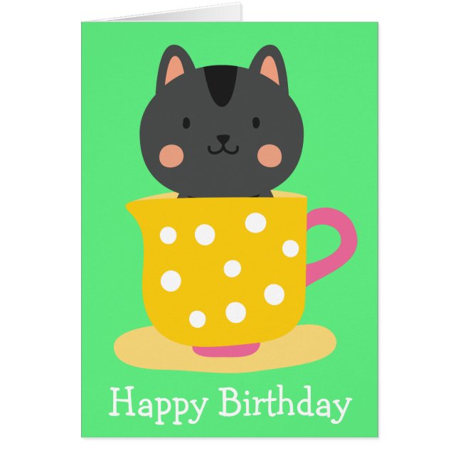 Cute cat in teacup cartoon on mint cards (Front)