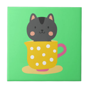 Cute cat in teacup cartoon on mint ceramic tile
