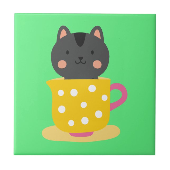 Cute cat in teacup cartoon on mint ceramic tile (Front)