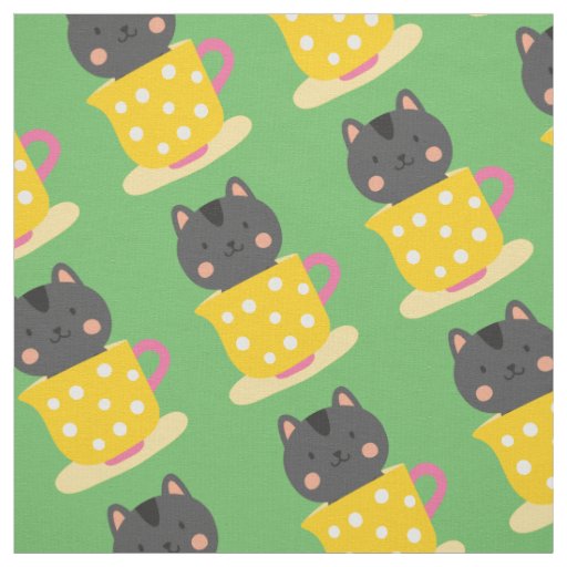 Cute cat in teacup cartoon on mint fabric