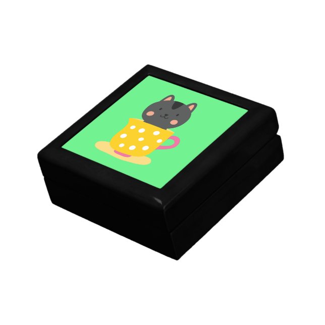Cute cat in teacup cartoon on mint gift box (Side)