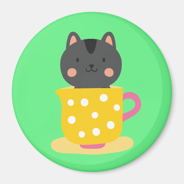 Cute cat in teacup cartoon on mint magnet (Front)