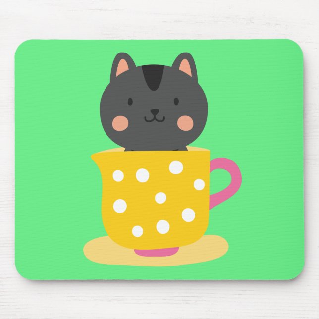 Cute cat in teacup cartoon on mint mouse pad (Front)