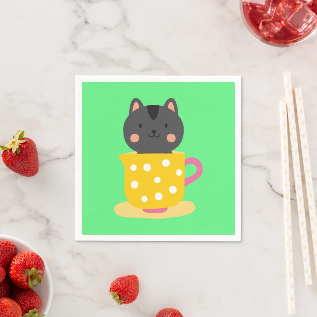 Cute cat in teacup cartoon on mint napkins (Insitu)