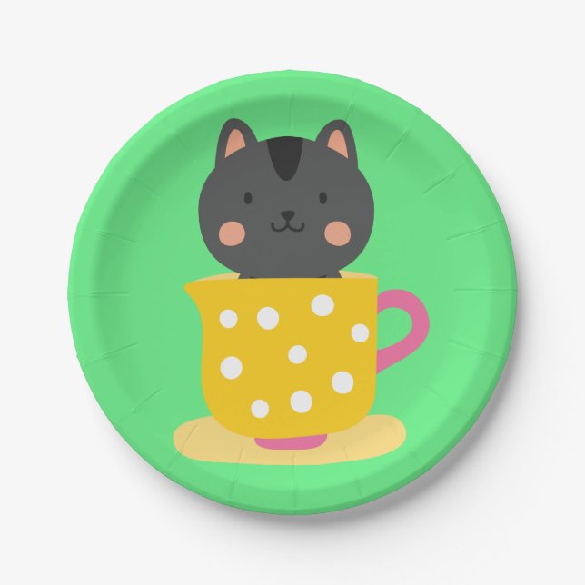 Cute cat in teacup cartoon on mint paper plates (Front)