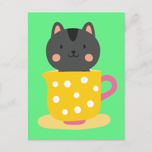 Cute cat in teacup cartoon on mint postcard