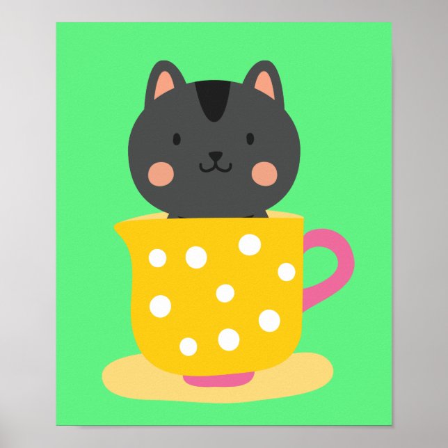 Cute cat in teacup cartoon on mint poster (Front)