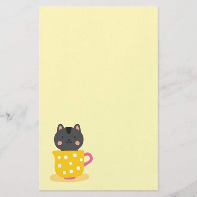 Cute cat in teacup cartoon on mint stationery (Front)
