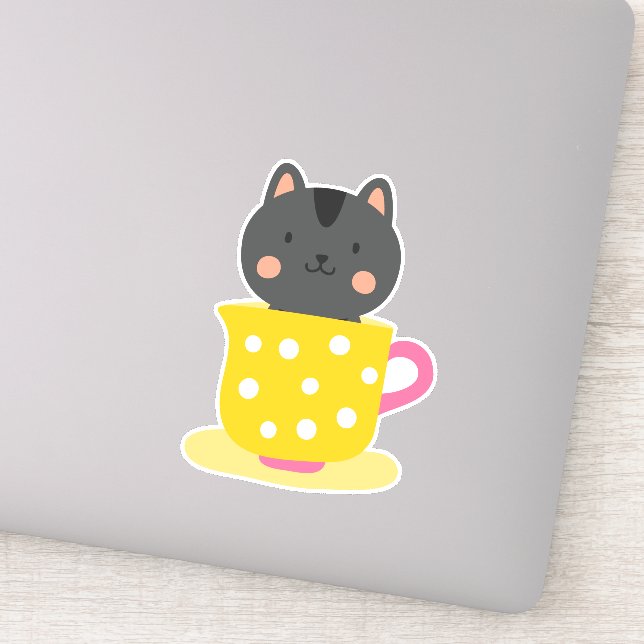 Cute cat in teacup cartoon on mint sticker (Detail)