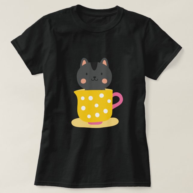 Cute cat in teacup cartoon on mint T-Shirt (Design Front)