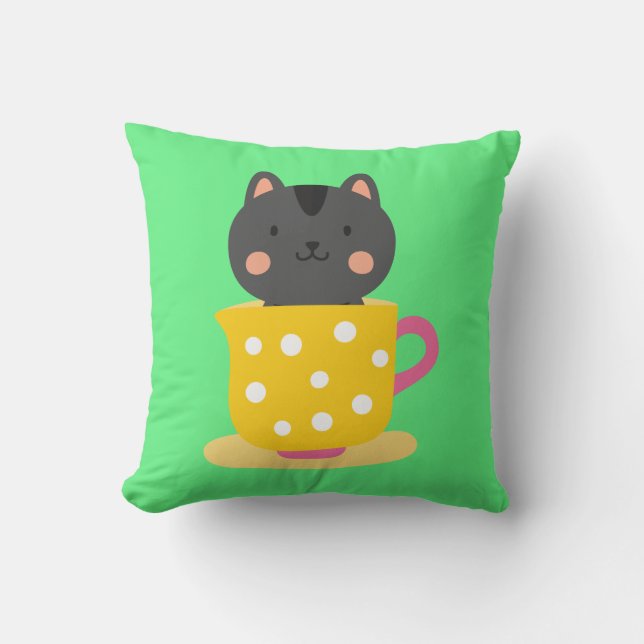 Cute cat in teacup cartoon on mint throw pillow (Front)