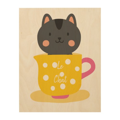 Cute cat in teacup cartoon on mint wood wall art