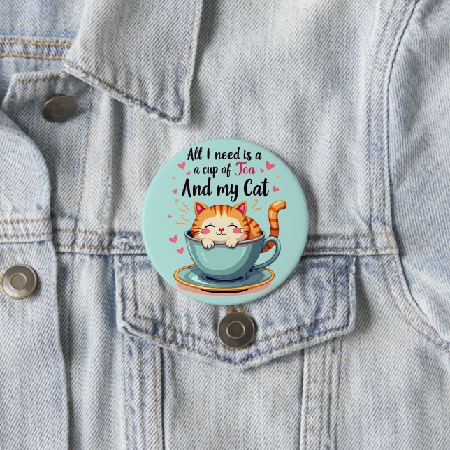 Cute Cat in Teacup Kawaii Cozy Art Button (In Situ)
