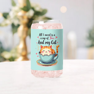 Cute Cat in Teacup Kawaii Cozy Art Can Glass