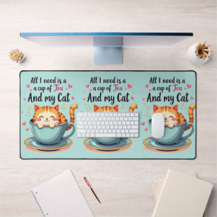 Cute Cat in Teacup Kawaii Cozy Art Desk Mat