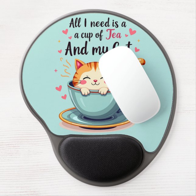 Cute Cat in Teacup Kawaii Cozy Art Gel Mouse Pad (Left Side)